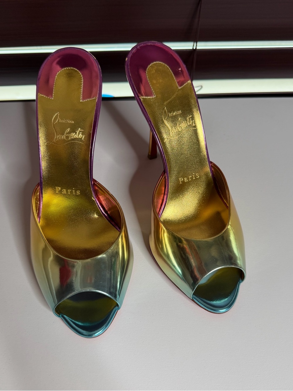 Christian Louboutin Iridescent Peep-Toe Stiletto Mule - Gold/Pink/Teal size 38